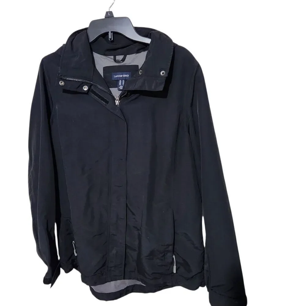 Lands Ends Windbreaker Jacket Size Medium Black Hooded Elastic Waist